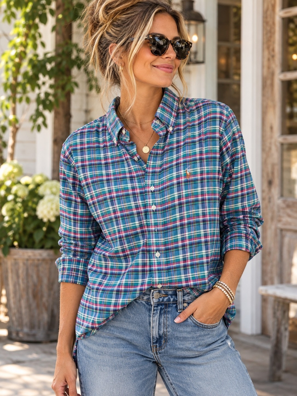 Ralph Lauren Teal, Blue & Pink Plaid Button-Down Shirt